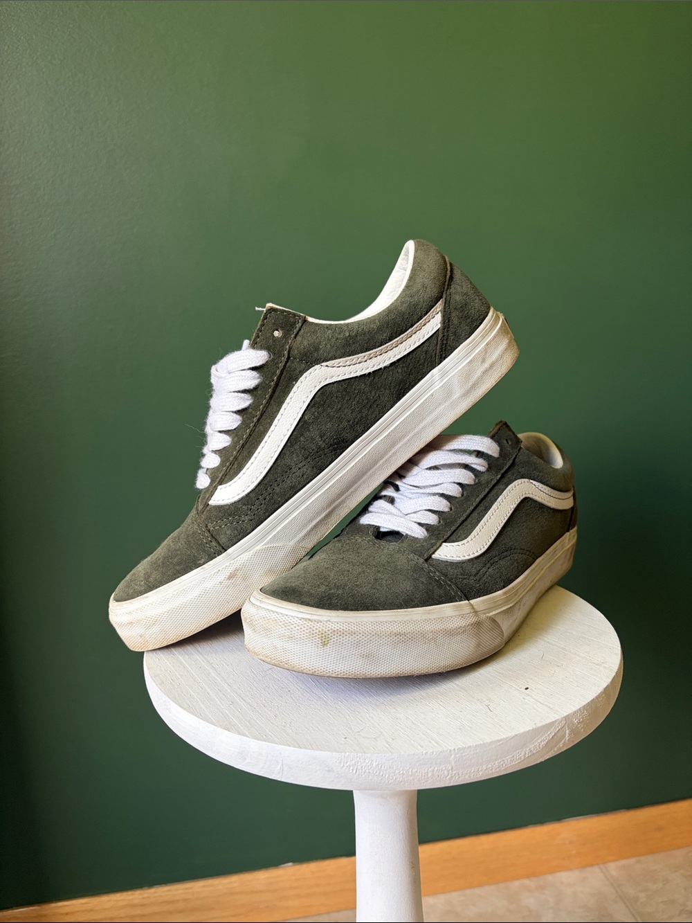 Vans Olive Green Suede Low-Top Sneakers with White Stripe